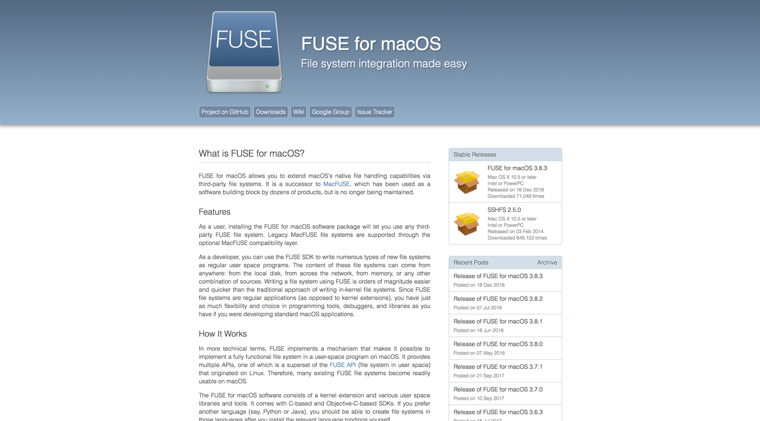 A screenshot of the FUSE for macOS site.
