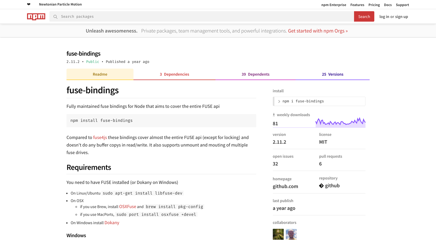 The fuse-bindings npm page
