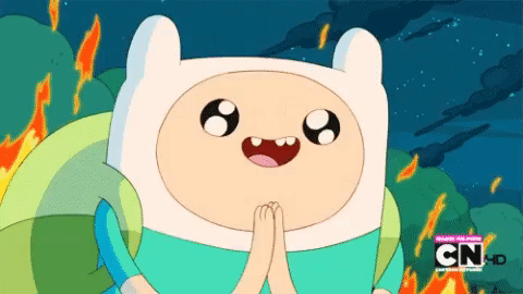 A GIF of Adventure Time's Jake jumping up and down in glee in front of flames